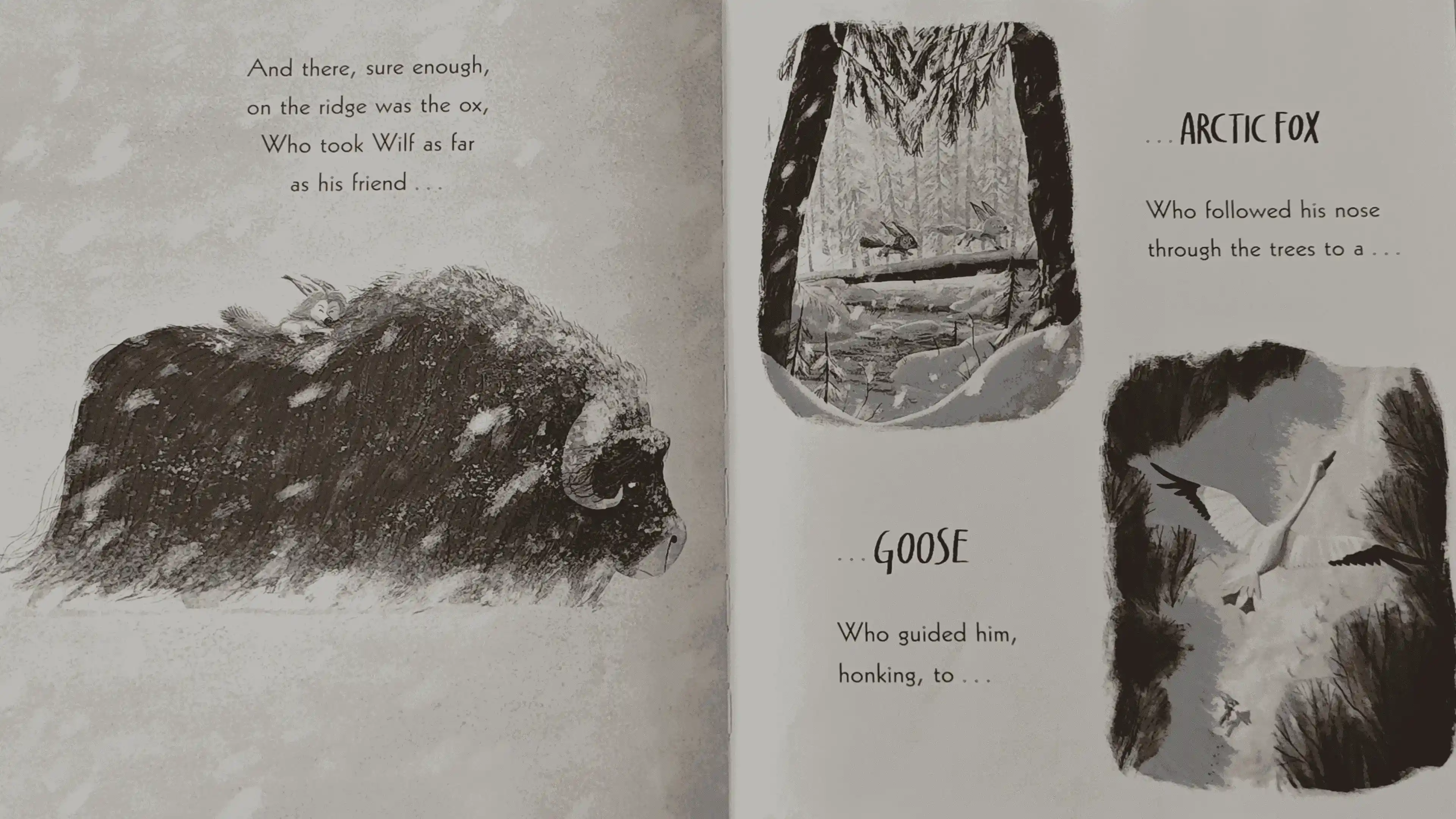 Wilf in the snow as three Arctic helpers, a hare, a lemming, and a puffin, approach from the side