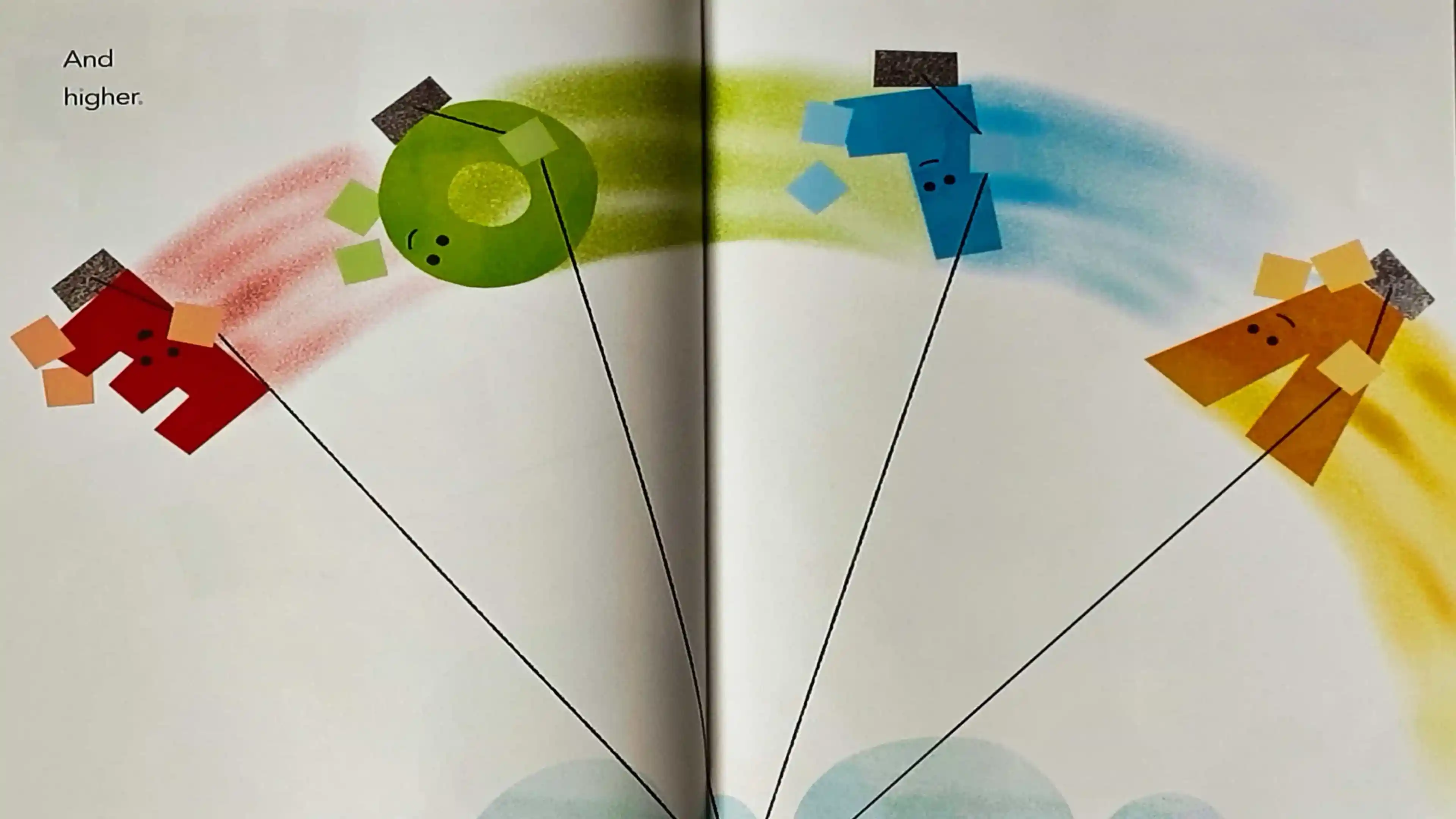 The four letters on the swing flying high above the playground, with the ground small below them
