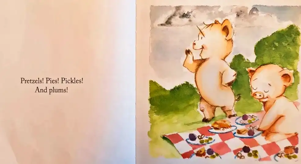 A page-turn spread showing the little pigs arriving at the picnic spot with a basket and a kite